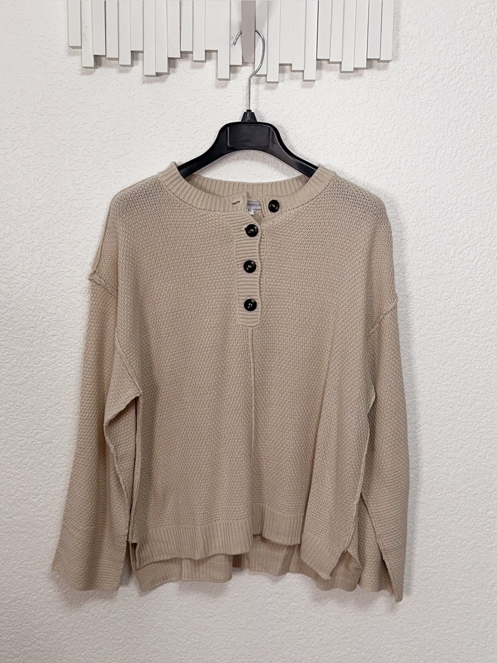 Miss Sparkling Beige Henley High Low Oversized Knit Sweater